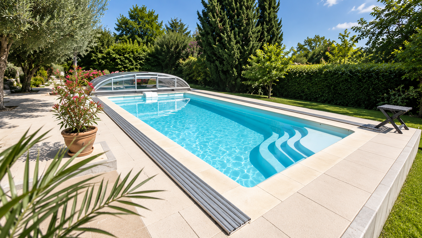 Sommerlicher Gartenpool mit türkisblauem Wasser und Poolüberdachung – Poolaris